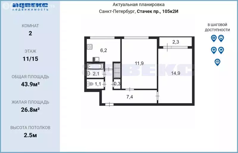 2-комнатная квартира: Санкт-Петербург, проспект Стачек, 105к2И (43.9 ... - Фото 1