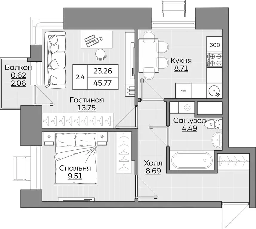 2-комнатная квартира: Казань, ЖК Батталовский (45.77 м) - Фото 1