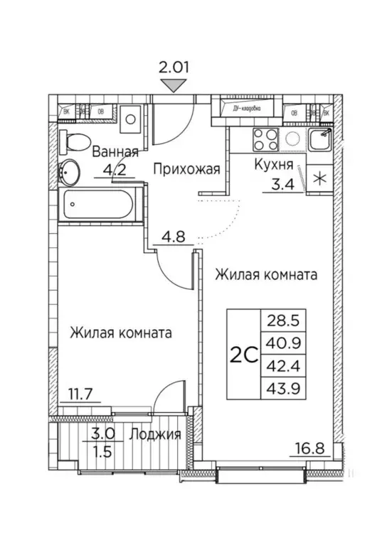 2-к кв. Приморский край, Владивосток ул. Расула Гамзатова, 7к2 (43.9 ... - Фото 0