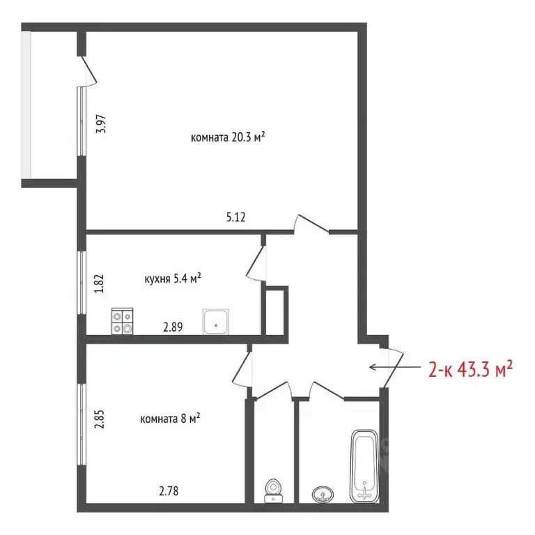 2-к кв. Свердловская область, Екатеринбург ул. Центральная, 9 (43.3 м) - Фото 2