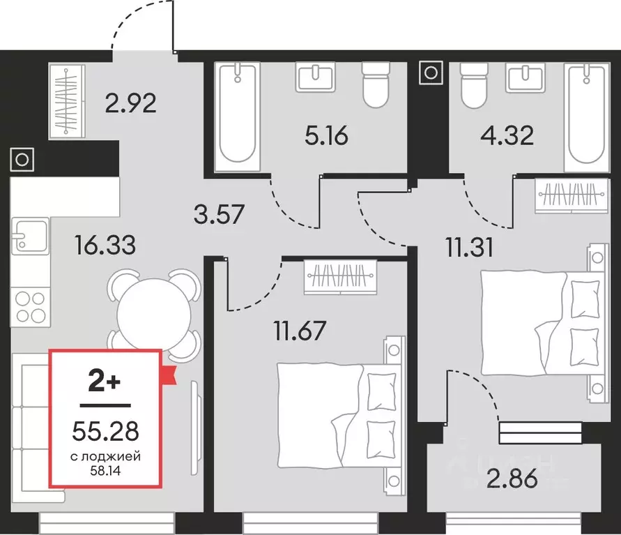 2-к кв. Ханты-Мансийский АО, Нефтеюганск ул. Нефтяников, 48А (55.28 м) - Фото 1