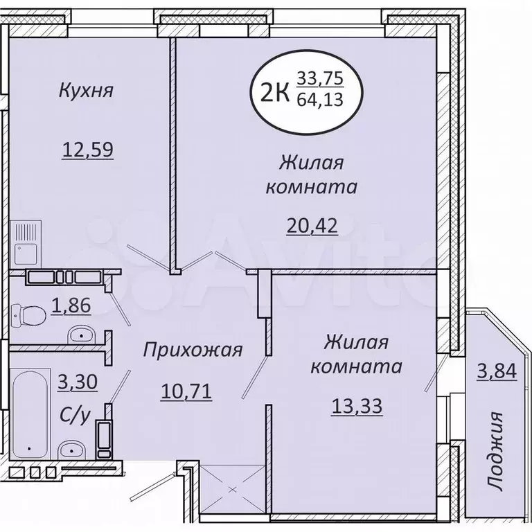 2-к. квартира, 64,1 м, 3/25 эт. - Фото 0