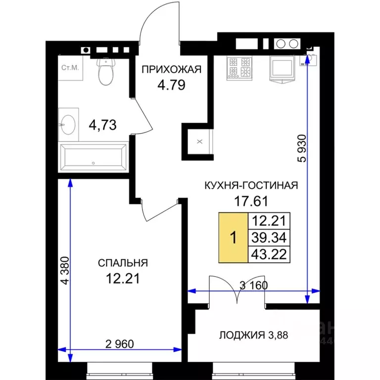 1-к кв. Калининградская область, Гурьевск Включи жилой комплекс (43.22 ... - Фото 0