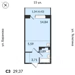 1-к кв. Удмуртия, Ижевск 15-я ул., 13 (29.37 м) - Фото 0