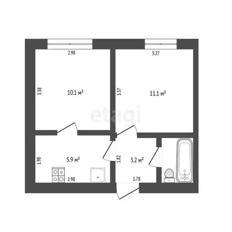 2к в -комнатной квартире (33.1 м) - Фото 1