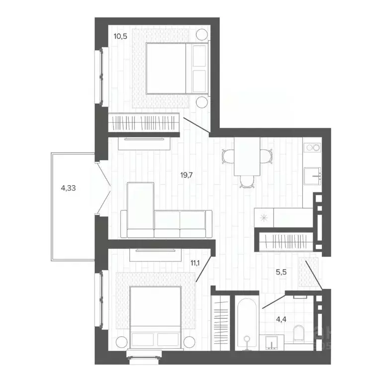 3-к кв. Алтайский край, Барнаул тракт Змеиногорский, 35Бк2 (54.95 м) - Фото 1
