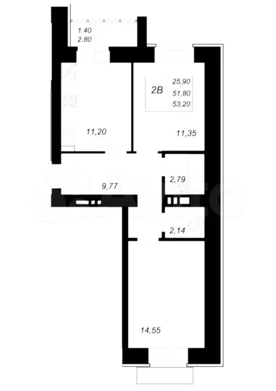 2-к. квартира, 53,2 м, 3/10 эт. - Фото 0