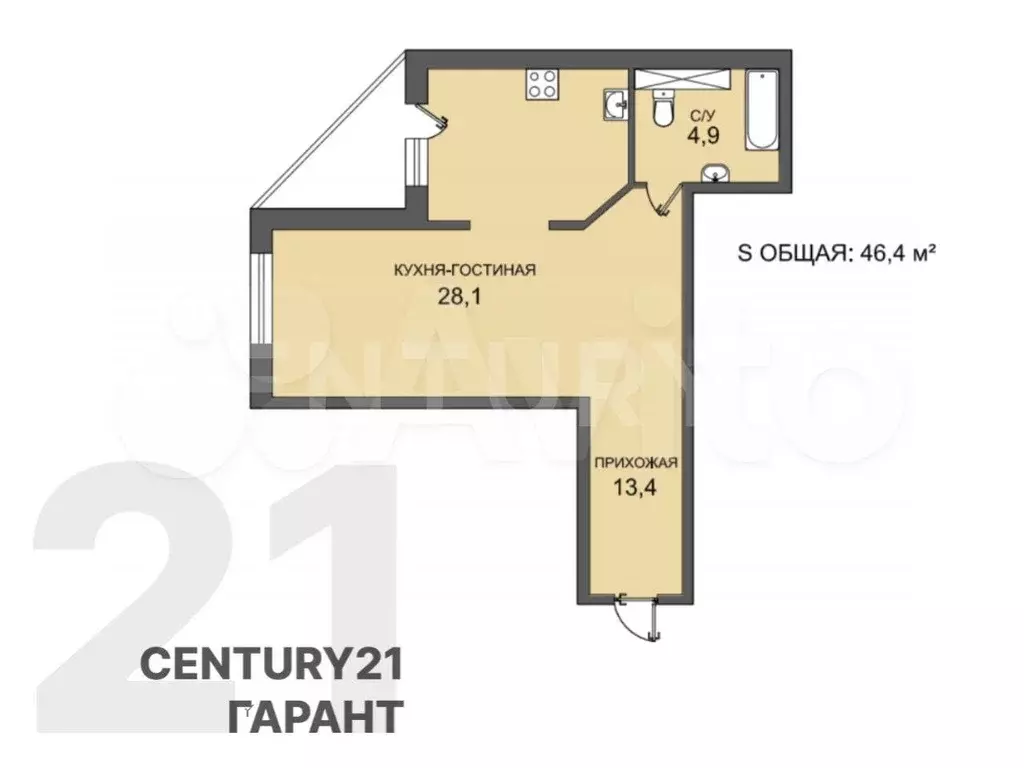 1-к. квартира, 46,4 м, 9/22 эт. - Фото 0