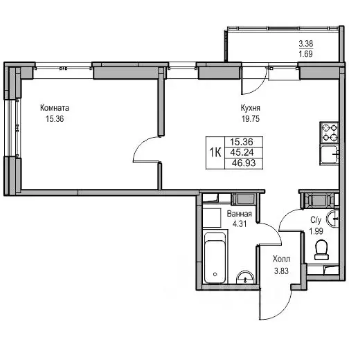 1-к кв. Санкт-Петербург ул. Ивинская, 5к2 (45.24 м) - Фото 1