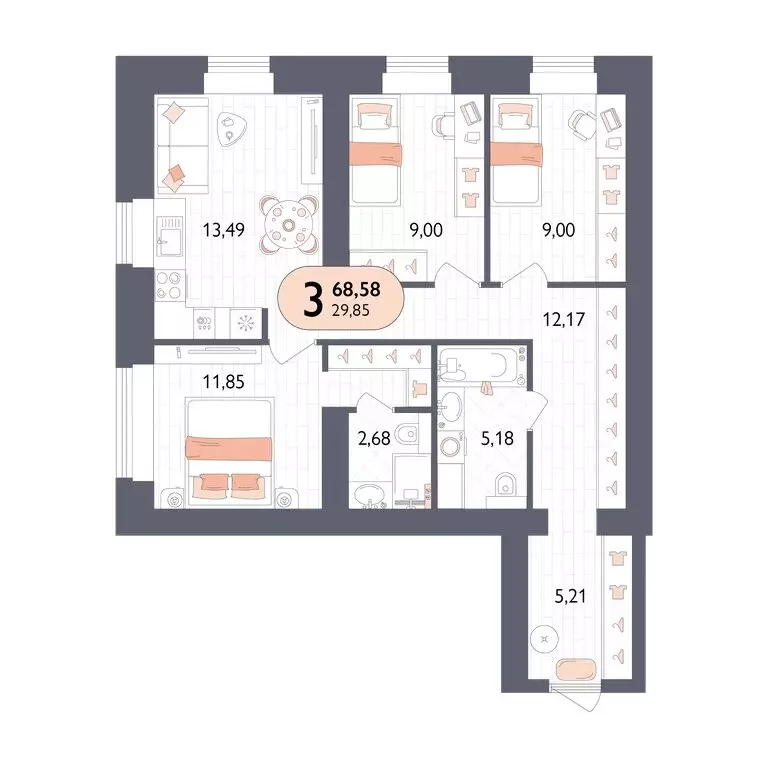 3-комнатная квартира: Брянский район, посёлок Мичуринский, микрорайон ... - Фото 1