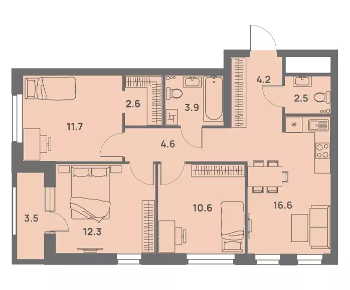 4-к квартира, 70.8 м - Фото 0