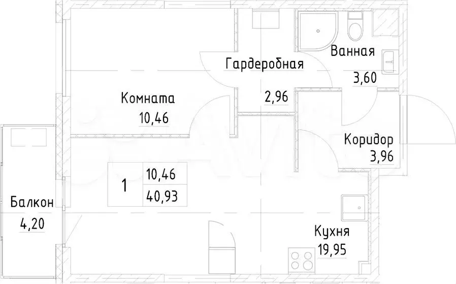 1-к. квартира, 42,3 м, 4/26 эт. - Фото 1