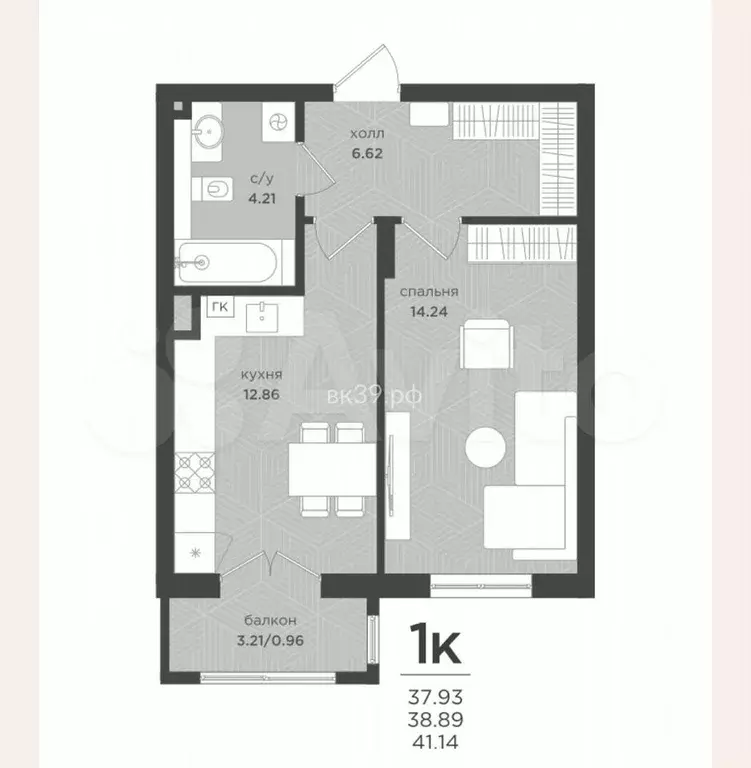 1-к. квартира, 38,9 м, 1/4 эт. - Фото 1