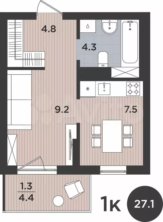 1-к. квартира, 27,1 м, 3/9 эт. - Фото 1