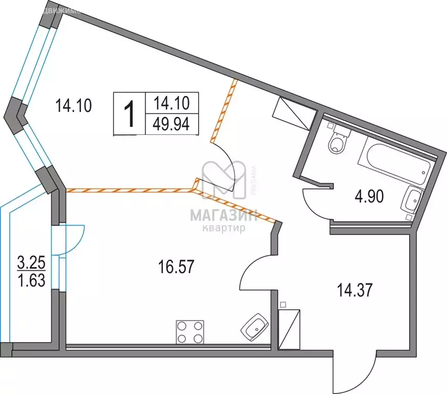 1-комнатная квартира: Санкт-Петербург, Коломяжский проспект, 13к3 (50 ... - Фото 1