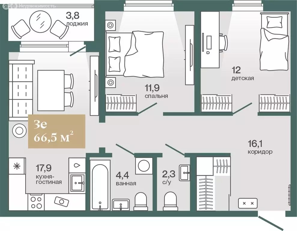 2-комнатная квартира: Тюмень, улица Игоря Комиссарова, 21 (66.51 м) - Фото 1