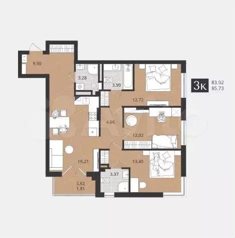3-к. квартира, 85,7 м, 3/4 эт. - Фото 1