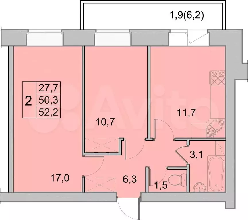 2-к. квартира, 52,2 м, 6/8 эт. - Фото 0