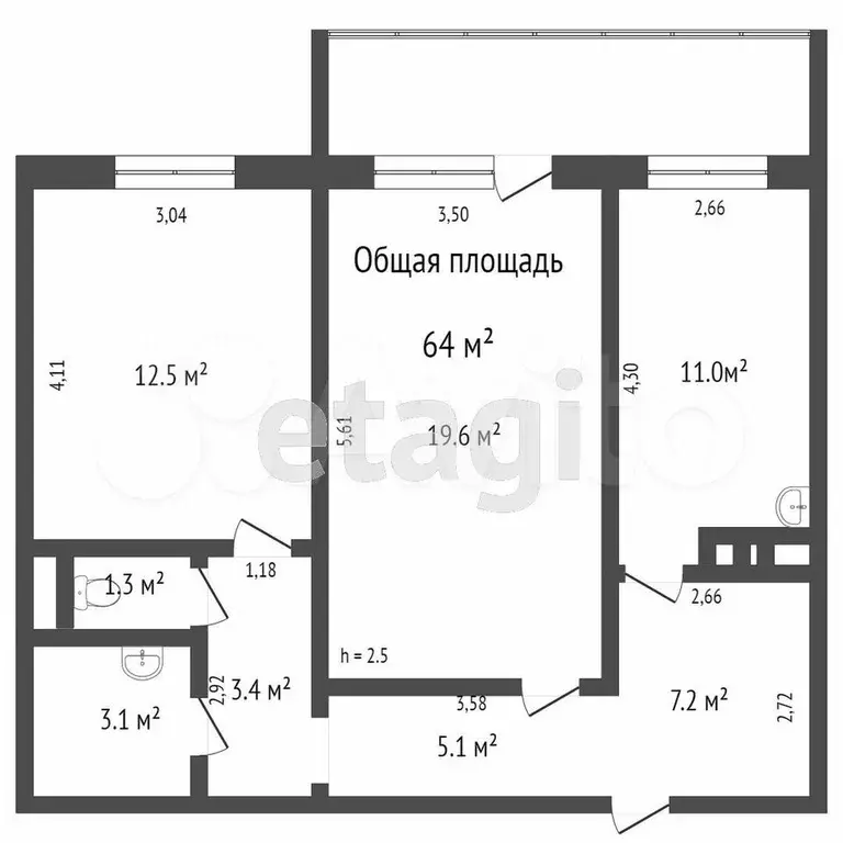 2-к. квартира, 59,4 м, 4/17 эт. - Фото 0