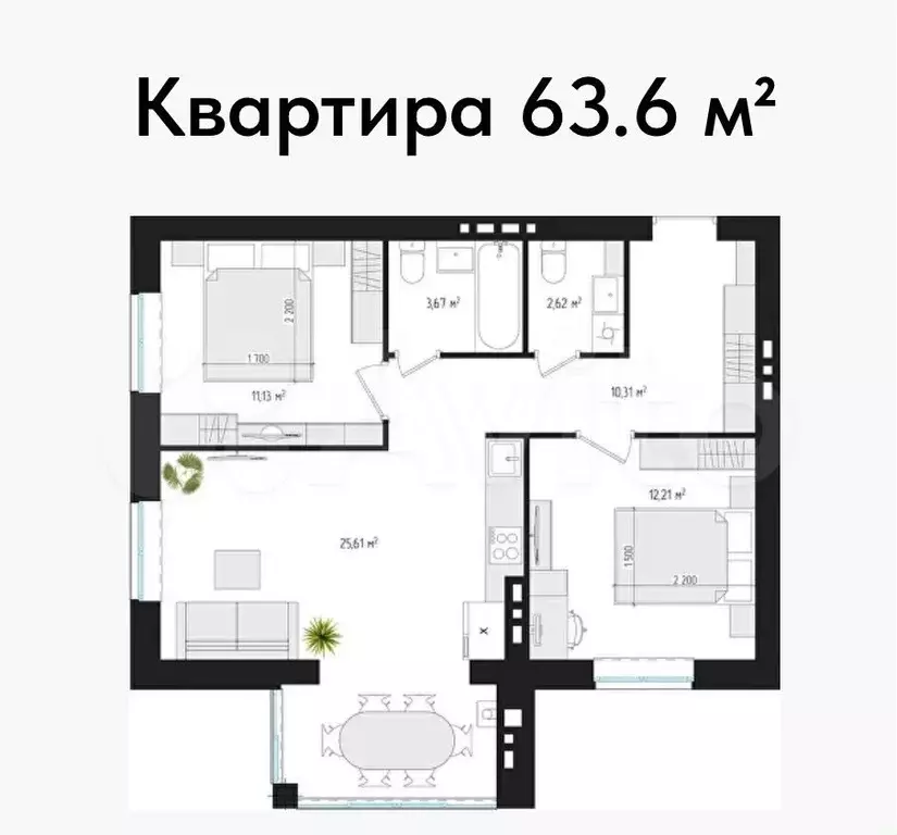 2-к. квартира, 59,5м, 3/4эт. - Фото 1