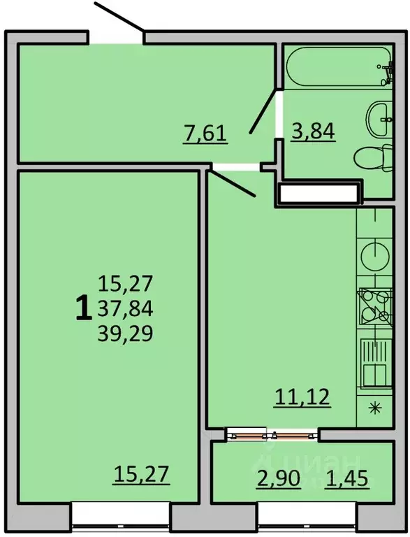 1-к кв. Ростовская область, Ростов-на-Дону ул. Зорге, 11Б (39.29 м) - Фото 1