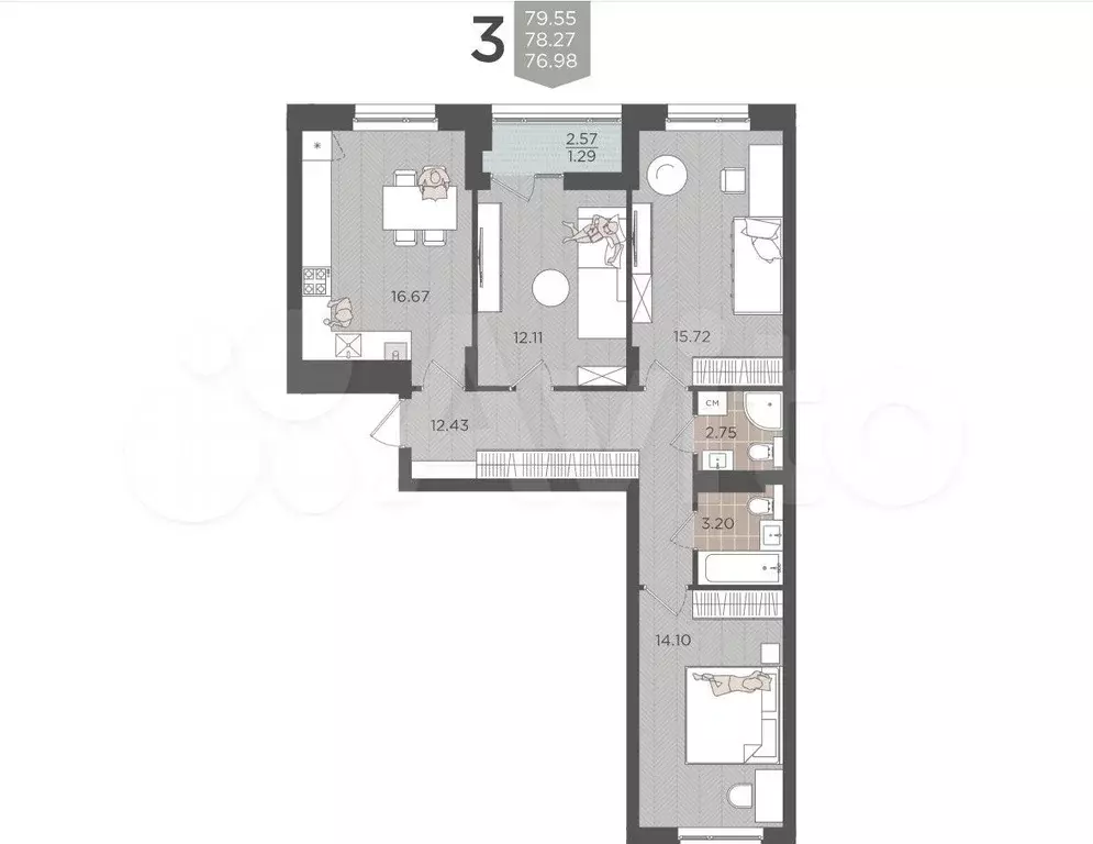 3-к. квартира, 78,3 м, 8/9 эт. - Фото 1
