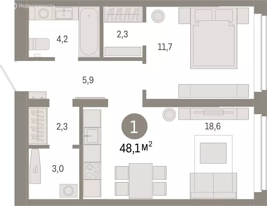 1-комнатная квартира: Тюмень, жилой комплекс Республики 205 (48.07 м) - Фото 0
