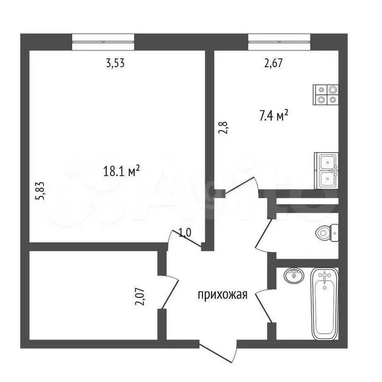 1-к. квартира, 34,7 м, 9/9 эт. - Фото 0