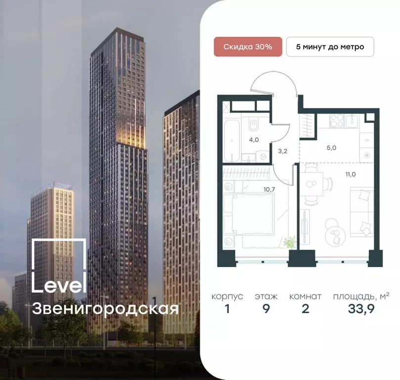 2-к кв. Москва Левел Звенигородская жилой комплекс (33.9 м) - Фото 0