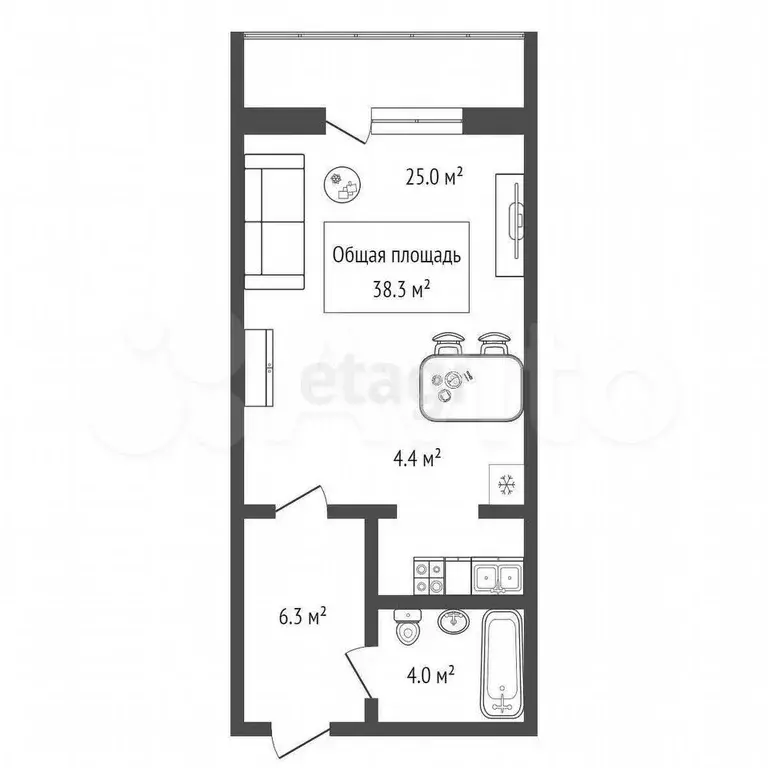 Квартира-студия, 38,3 м, 9/10 эт. - Фото 0