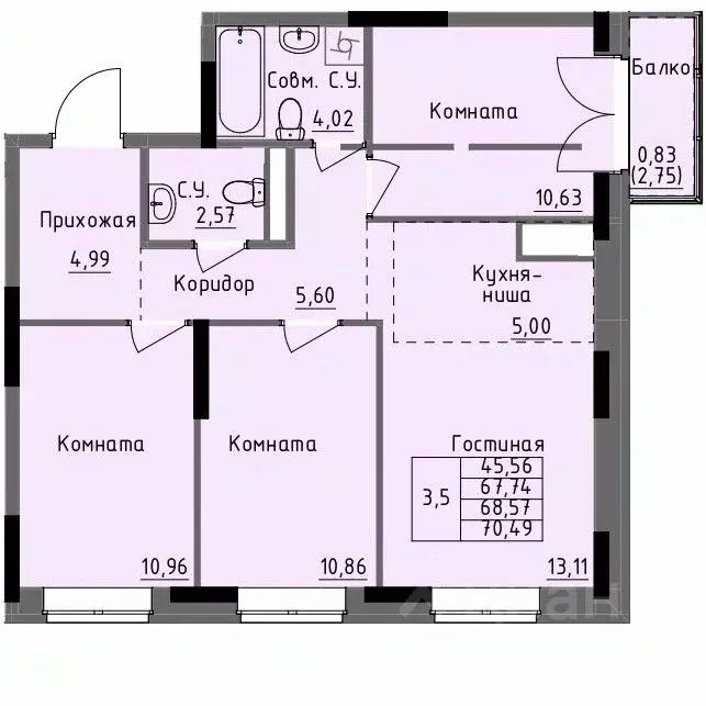 3-к кв. Удмуртия, Ижевск Строитель жилрайон, 4-й мкр,  (68.57 м) - Фото 0