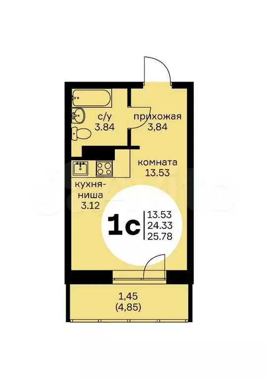 1-к. квартира, 25,8 м, 14/15 эт. - Фото 0