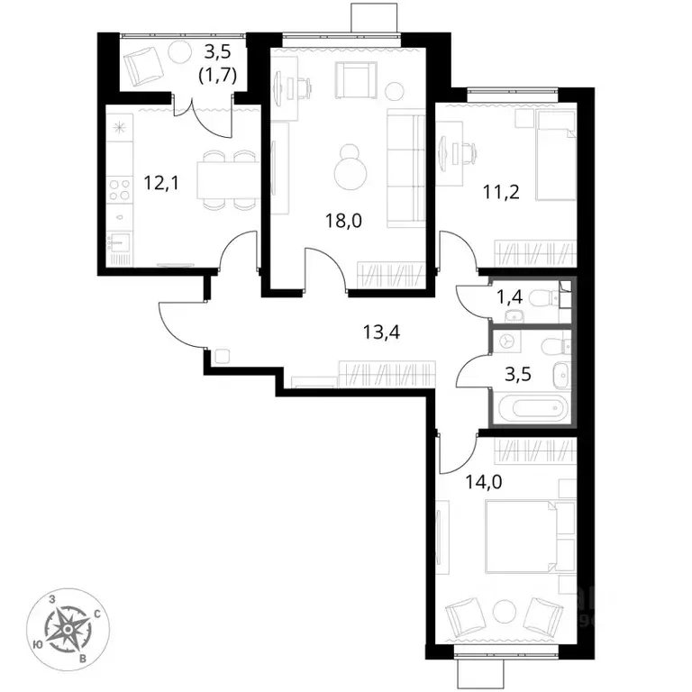 3-к кв. Московская область, Ленинский городской округ, пос. Ленинский ... - Фото 2