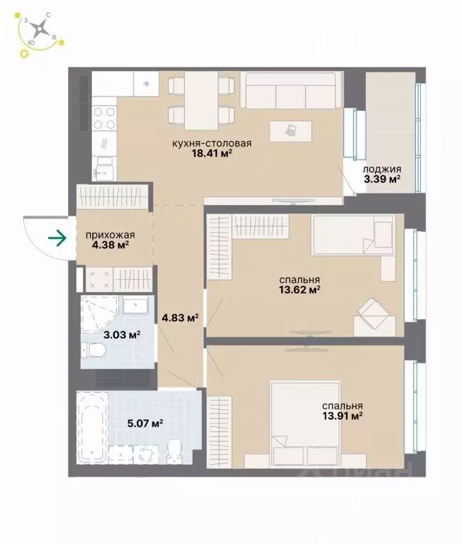 2-к кв. Свердловская область, Екатеринбург Эльмаш жилрайон,  (66.64 м) - Фото 1