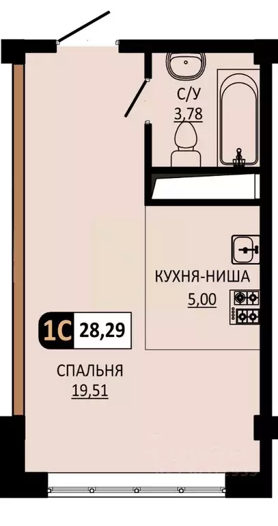 Студия Ставропольский край, Пятигорск ул. Ермолова, 28А (28.29 м) - Фото 1