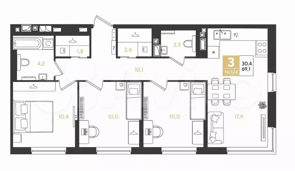 3-к. квартира, 69,1 м, 4/9 эт. - Фото 0