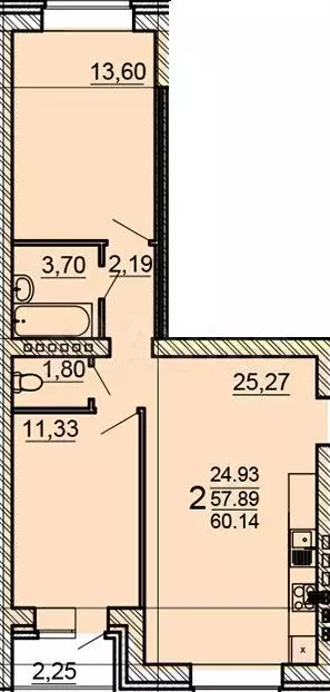 2-к. квартира, 60,1 м, 3/3 эт. - Фото 1