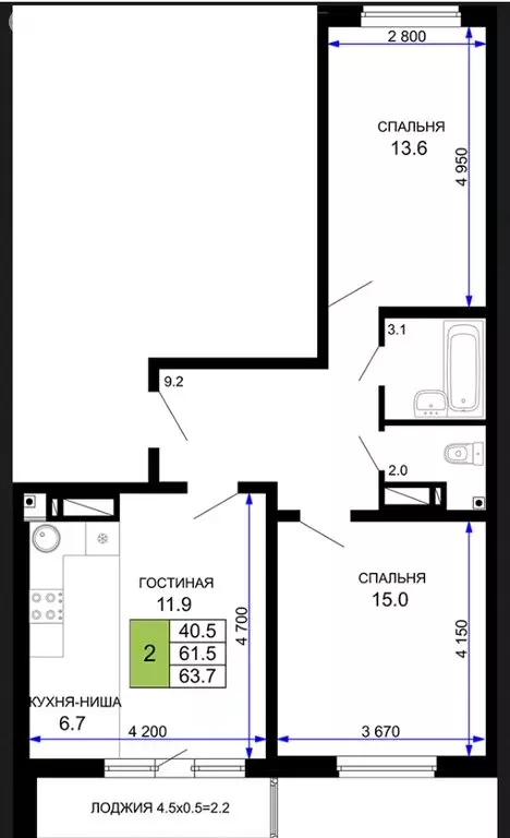 2-комнатная квартира: Краснодар, Домбайская улица, 55к6 (64 м) - Фото 0