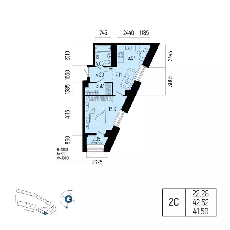 2-к кв. Башкортостан, Уфа Глумилино-1 мкр, Новатор жилой комплекс ... - Фото 1