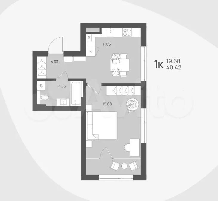 1-к. квартира, 40,4 м, 1/4 эт. - Фото 1
