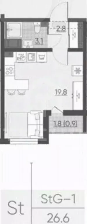 Студия Санкт-Петербург ул. Пахомовская, 22 (25.3 м) - Фото 2