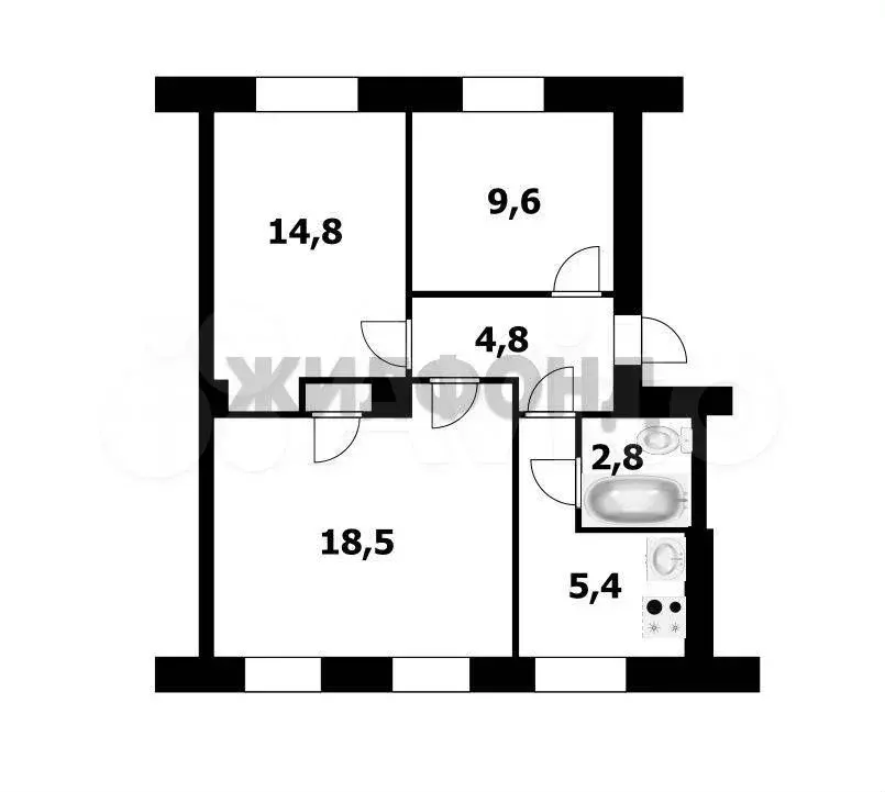 3-к. квартира, 57,3 м, 3/3 эт. - Фото 0