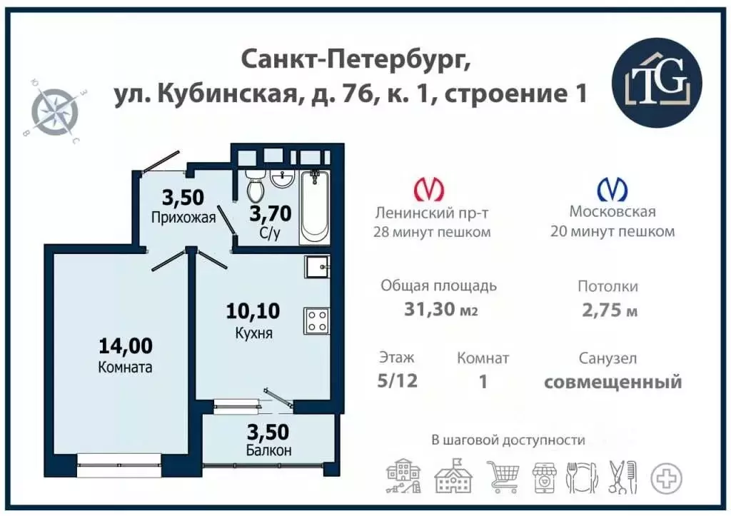 1-к кв. Санкт-Петербург Кубинская ул., 76к1 (31.3 м) - Фото 2