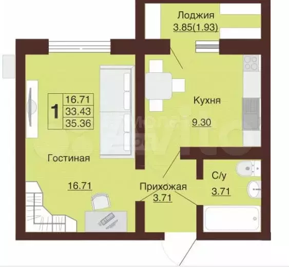 1-к. квартира, 35,4 м, 4/17 эт. - Фото 0
