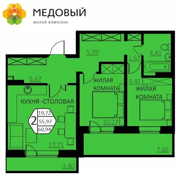 2-комнатная квартира: деревня Кондратово, улица Г.Н. Нифантова, 4Б ... - Фото 1