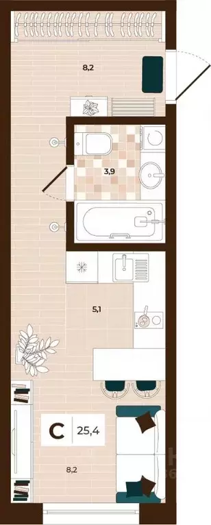 Студия Тульская область, Тула ул. Академика Насоновой, 3 (25.4 м) - Фото 1