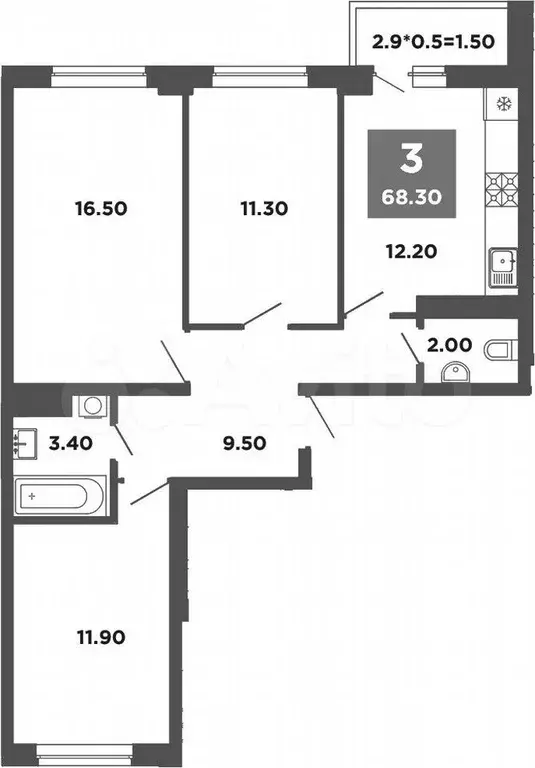 3-к. квартира, 68,3 м, 8/12 эт. - Фото 1
