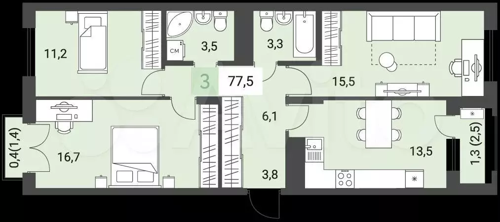 3-к. квартира, 78 м, 4/9 эт. - Фото 0