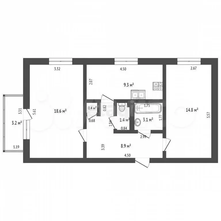 2-к. квартира, 59,7 м, 4/5 эт. - Фото 0