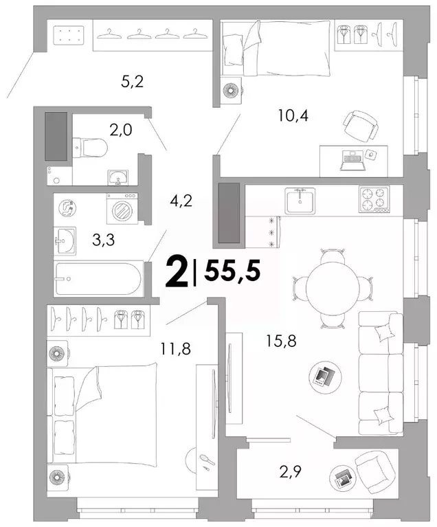 2-к кв. Владимирская область, Владимир Уно жилой комплекс (55.54 м) - Фото 1